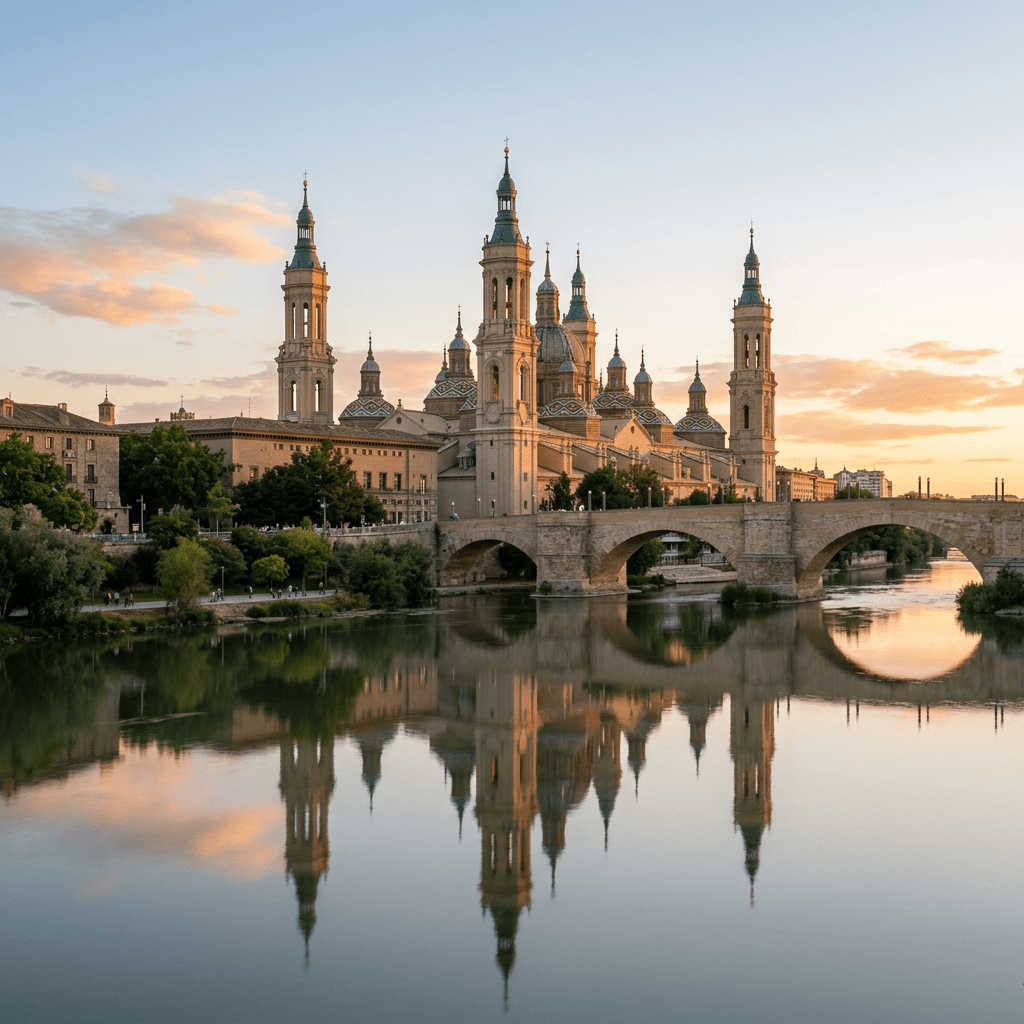Basilica of Our Lady of the Pillar and stone bridge reflected in calm river at sunset