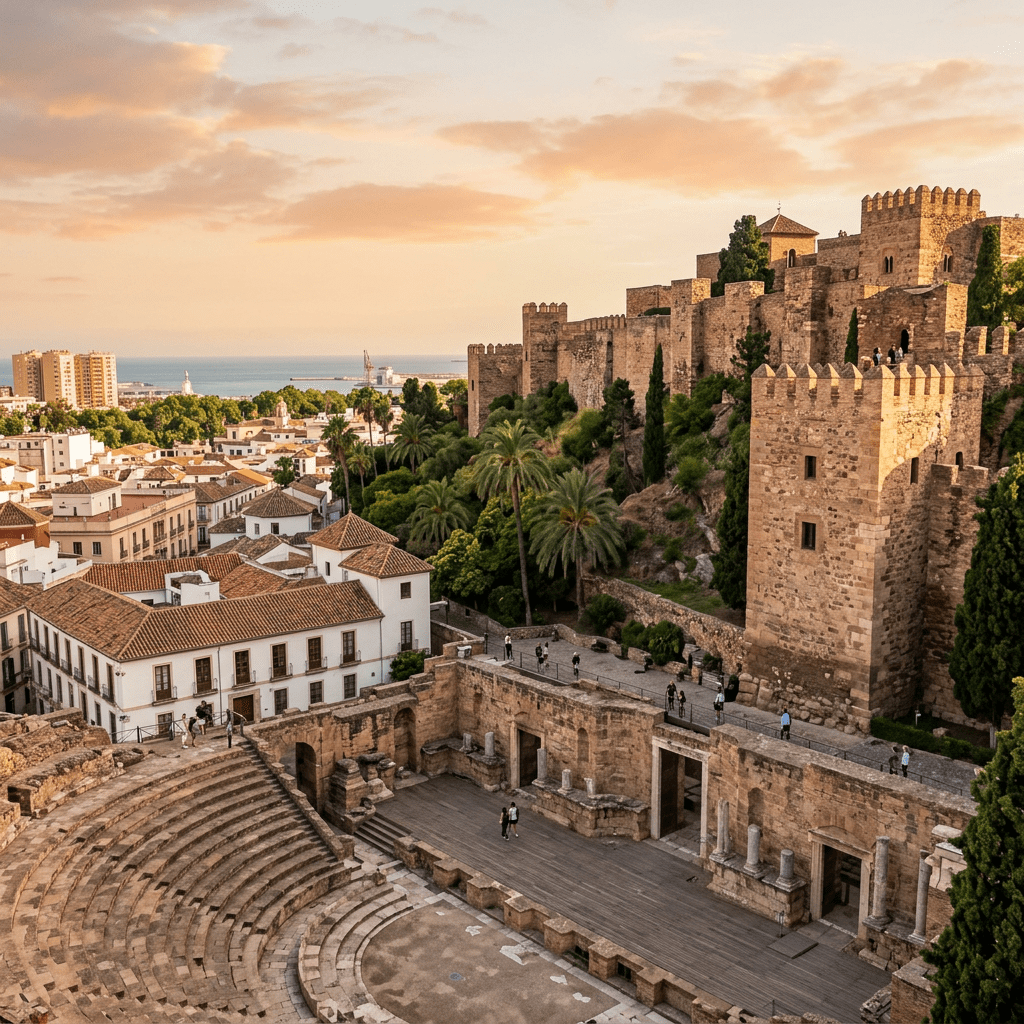 Roman theater seating and stage with medieval fortress walls and cityscape in background