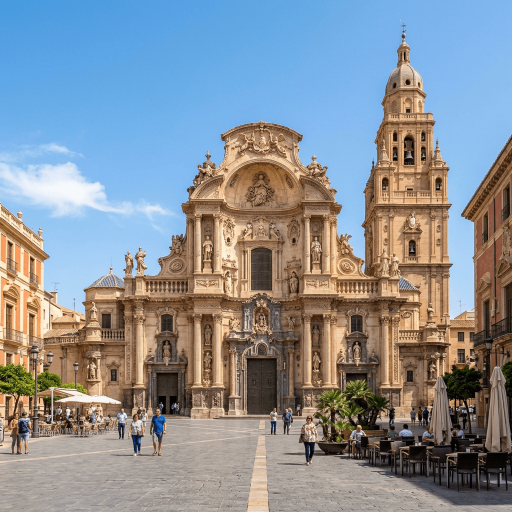 Murcia Cathedral with people walking and sitting in the plaza on a clear sunny day