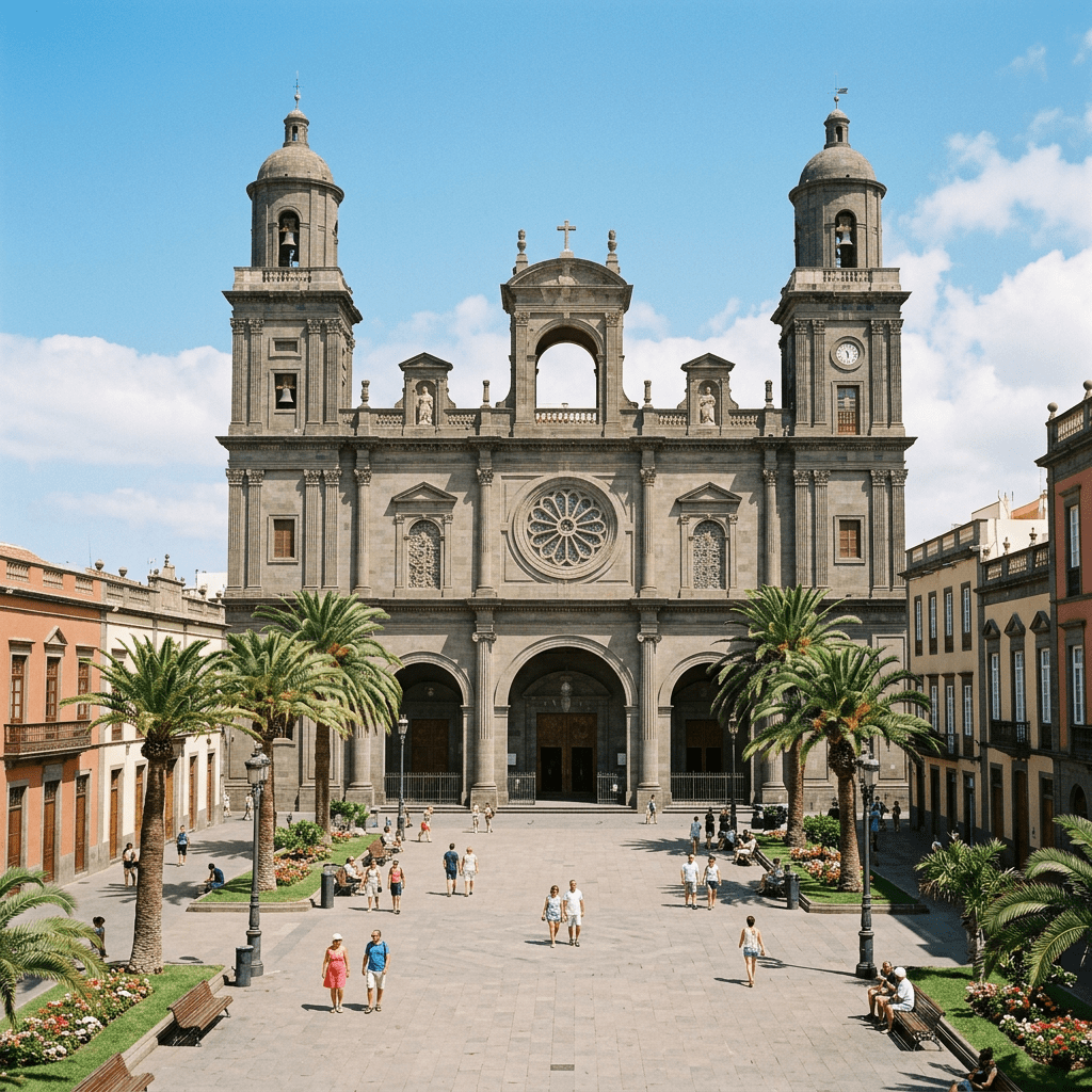 Grand historic cathedral with twin bell towers and rose window overlooking plaza with palm trees and people