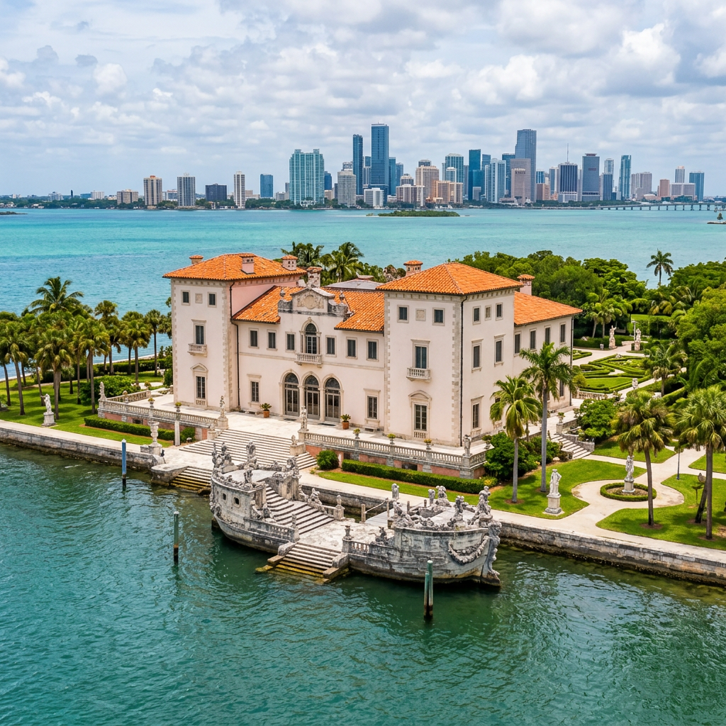 Vizcaya Museum and Gardens on Biscayne Bay with Miami skyline behind